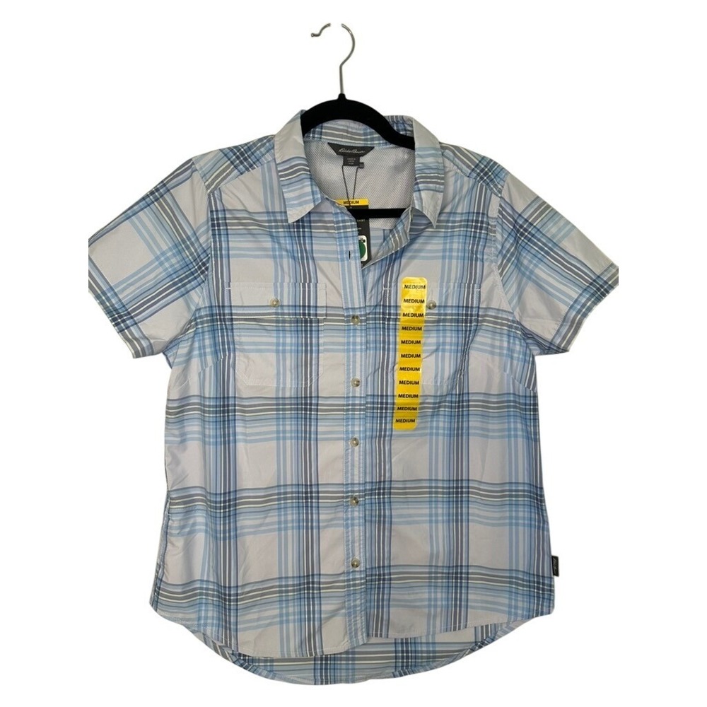 Eddie Bauer Short Sleeve Adventure Shirt Womens Med Plaid Moisture Wicking NWT